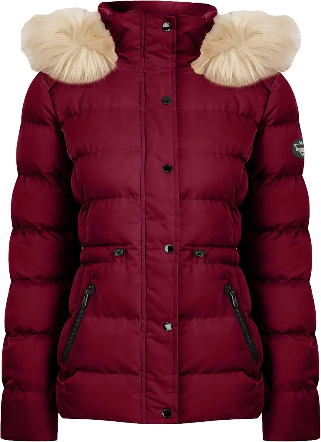 URBAN BUCK Puffer Jackets for Women Faux Fur Trimmed Hood Windproof Midweight Leona Water Repellent Women Winter Camping Coat