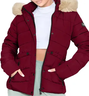 URBAN BUCK Puffer Jackets for Women Faux Fur Trimmed Hood Windproof Midweight Leona Water Repellent Women Winter Camping Coat
