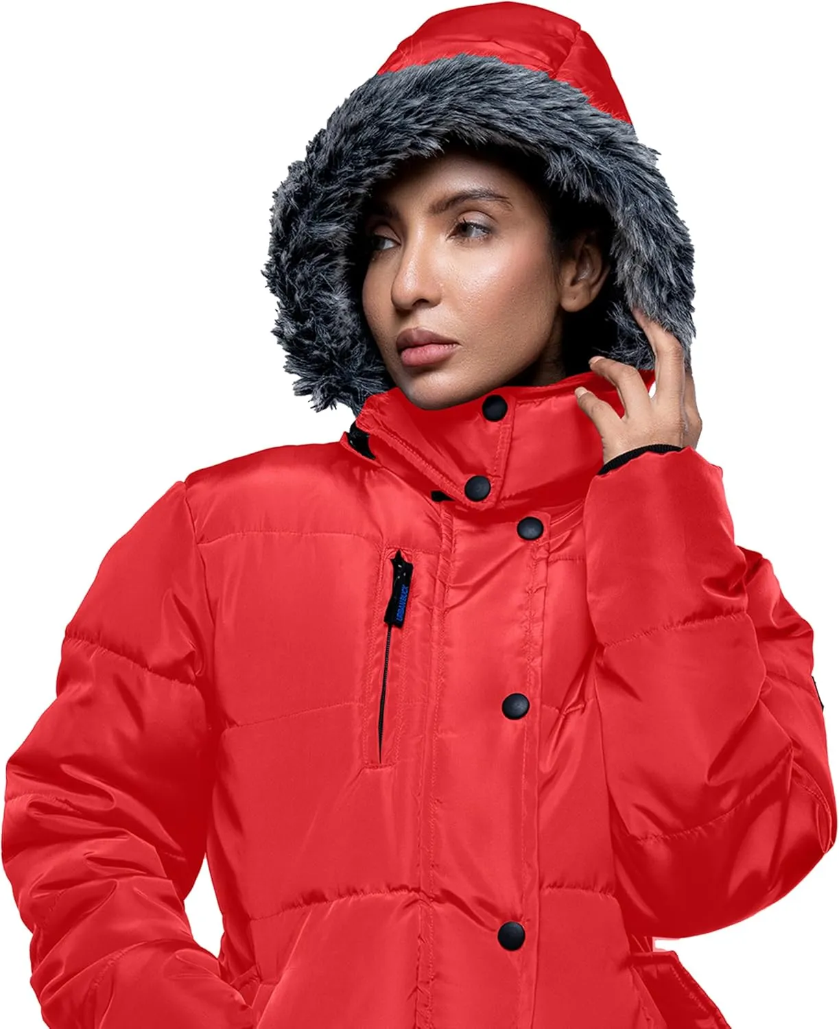 URBAN BUCK Puffer Jackets for Women Faux Fur Trimmed Hood Windproof Midweight Leona Water Repellent Women Winter Camping Coat