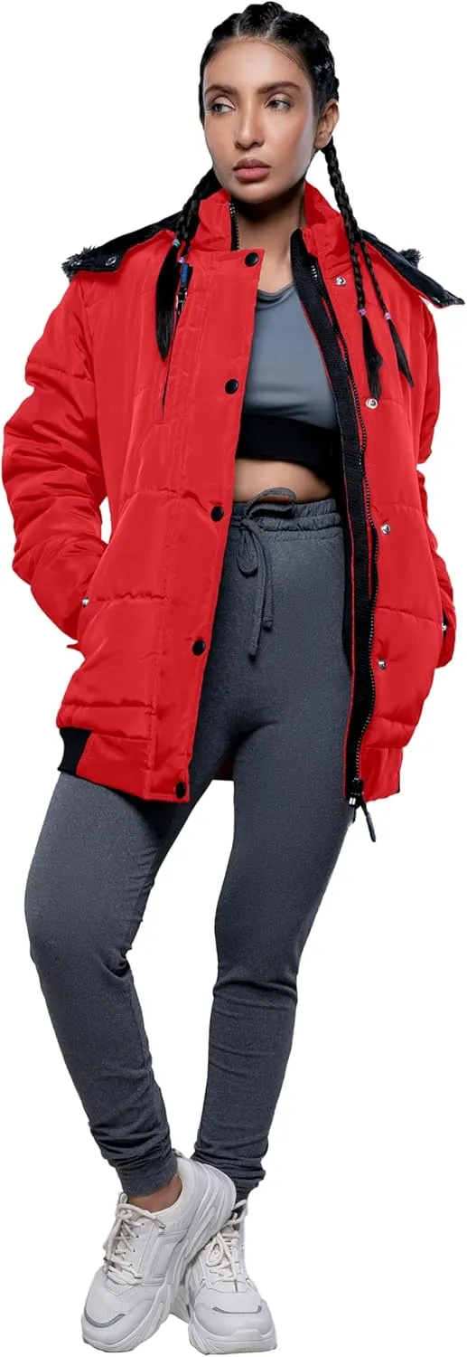 URBAN BUCK Puffer Jackets for Women Faux Fur Trimmed Hood Windproof Midweight Leona Water Repellent Women Winter Camping Coat