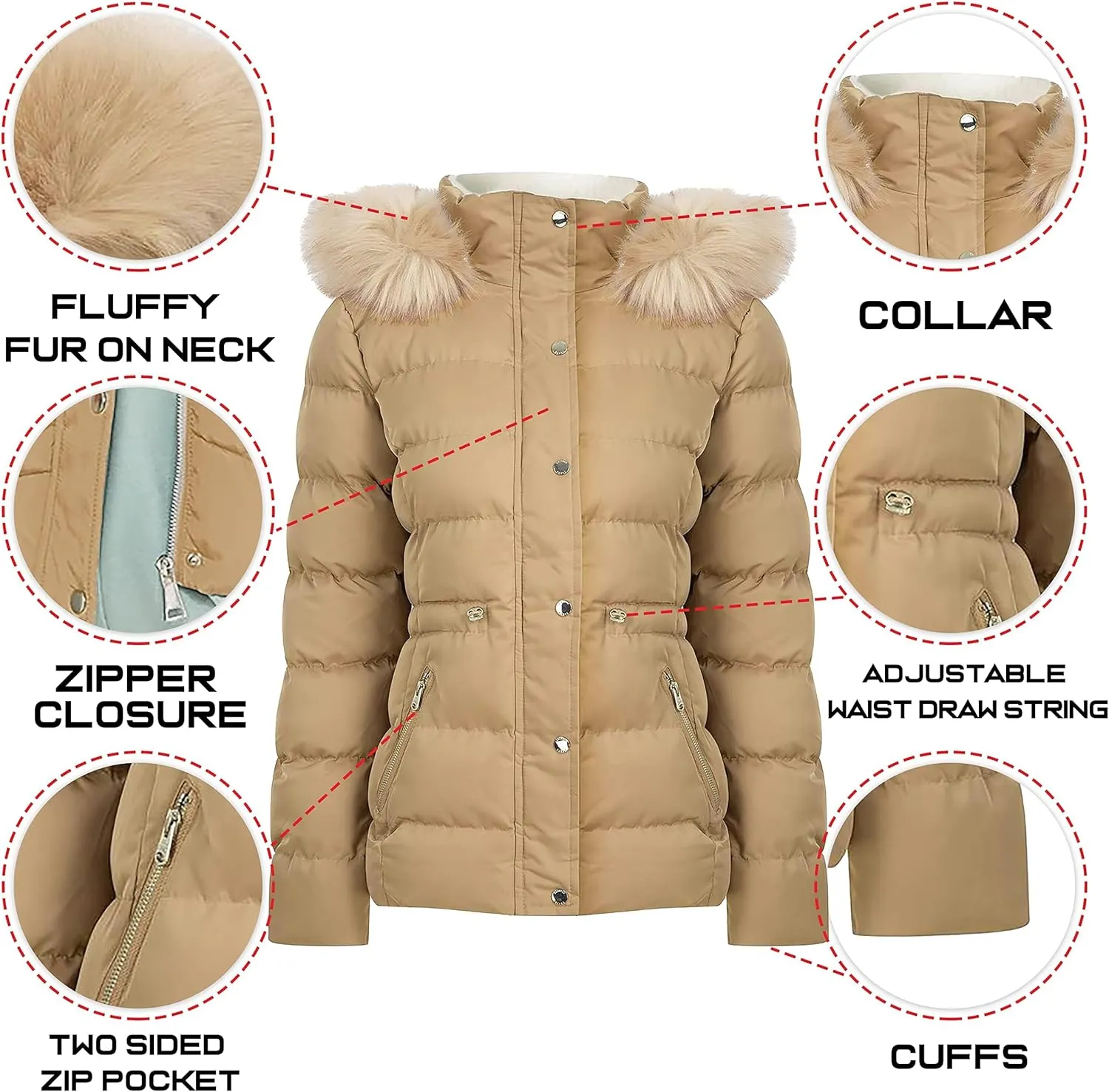 URBAN BUCK Puffer Jackets for Women Faux Fur Trimmed Hood Windproof Midweight Leona Water Repellent Women Winter Camping Coat