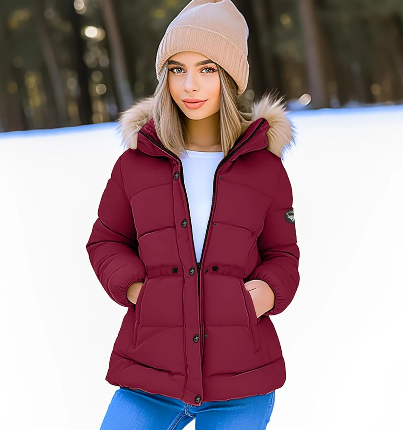 URBAN BUCK Puffer Jackets for Women Faux Fur Trimmed Hood Windproof Midweight Leona Water Repellent Women Winter Camping Coat