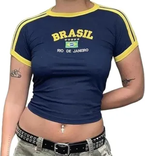 Vintage Graphic Baby Tees for Women Brazil Shirt Y2k Tops Mexico Crop Jersey 2000s Summer Going Out Tops