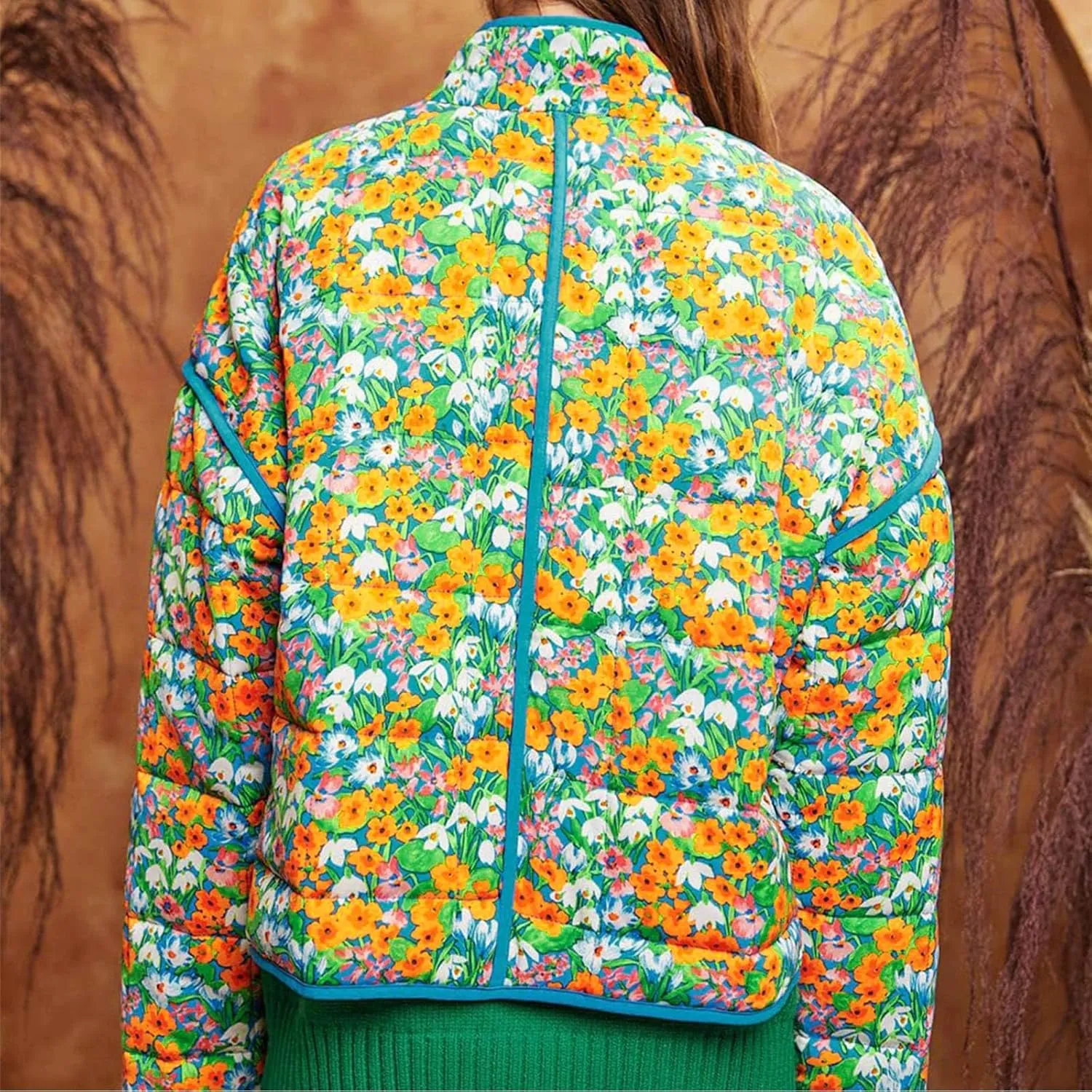 Warm Quilted Jackets For Women Long Sleeve Floral Print Open Front Down Puffer Jacket Retro Long Sleeve Cardigan Coat