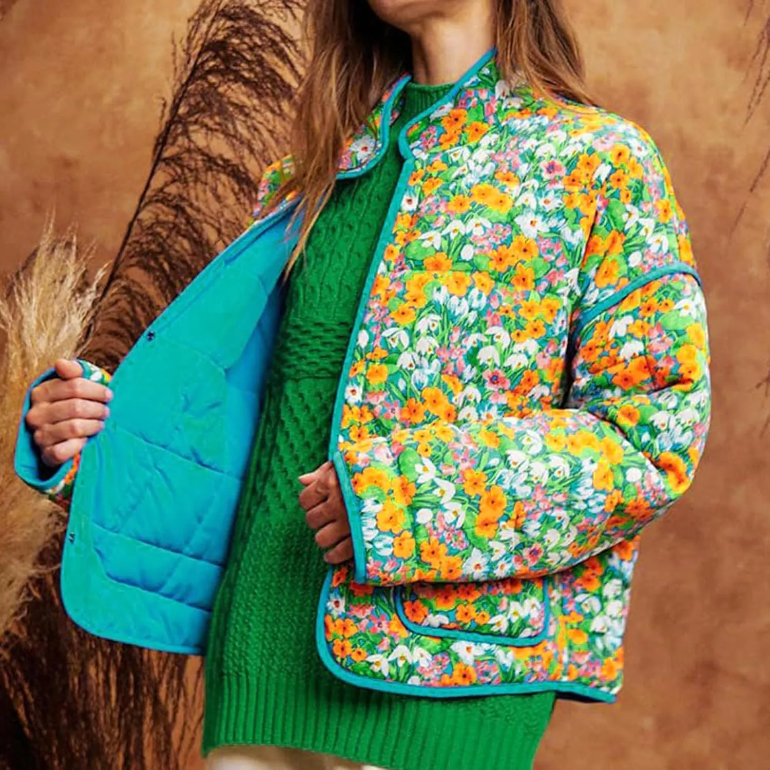 Warm Quilted Jackets For Women Long Sleeve Floral Print Open Front Down Puffer Jacket Retro Long Sleeve Cardigan Coat