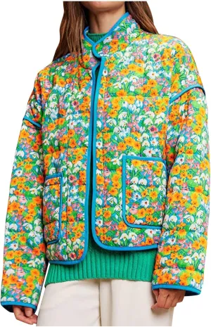 Warm Quilted Jackets For Women Long Sleeve Floral Print Open Front Down Puffer Jacket Retro Long Sleeve Cardigan Coat