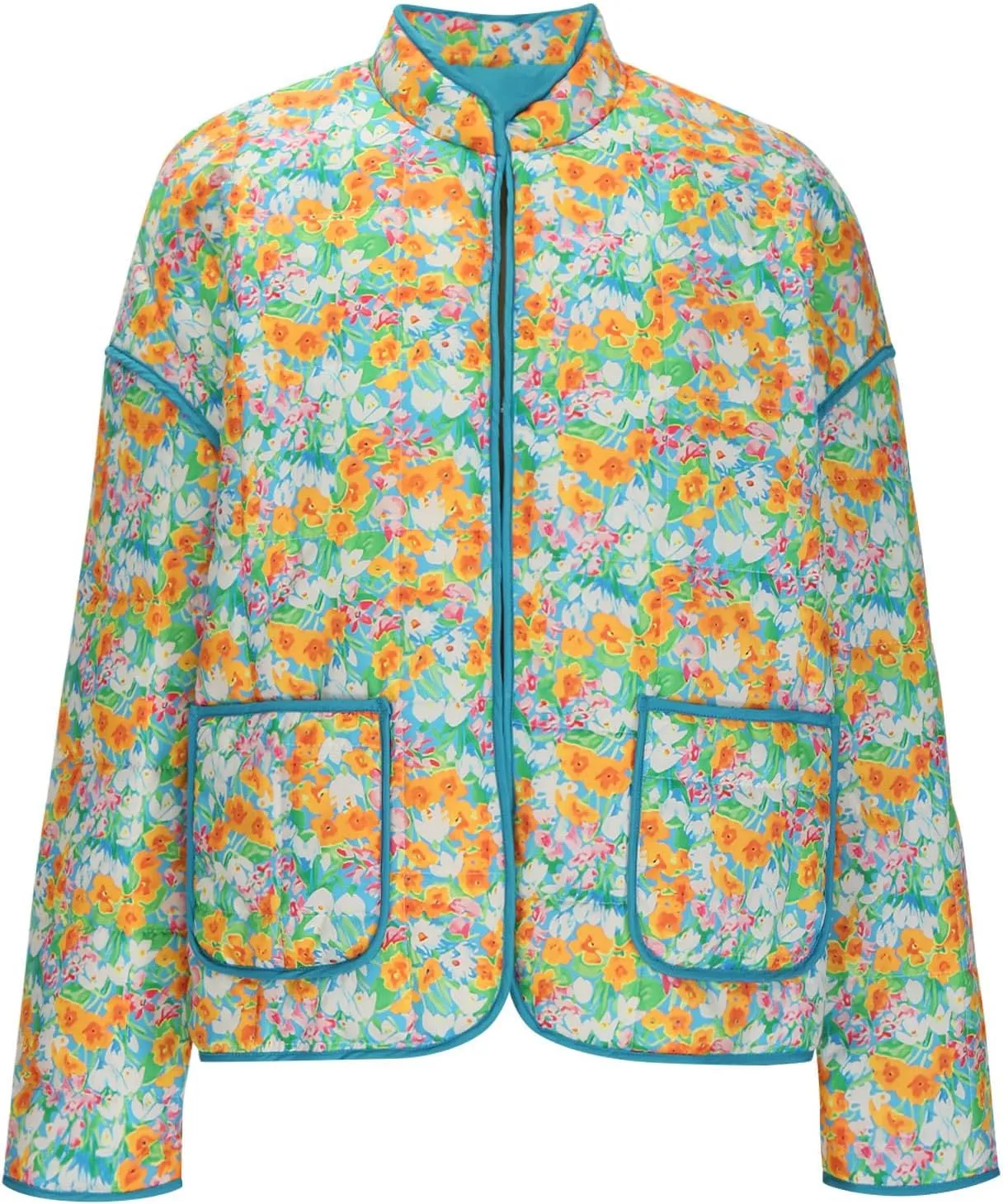 Warm Quilted Jackets For Women Long Sleeve Floral Print Open Front Down Puffer Jacket Retro Long Sleeve Cardigan Coat
