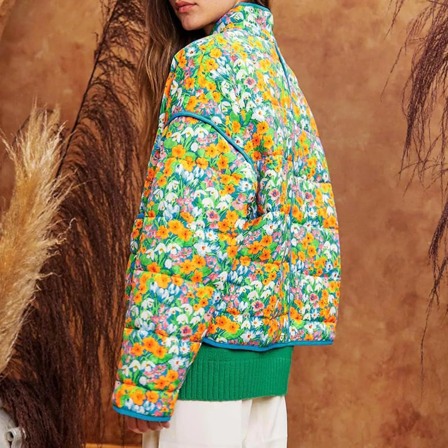 Warm Quilted Jackets For Women Long Sleeve Floral Print Open Front Down Puffer Jacket Retro Long Sleeve Cardigan Coat