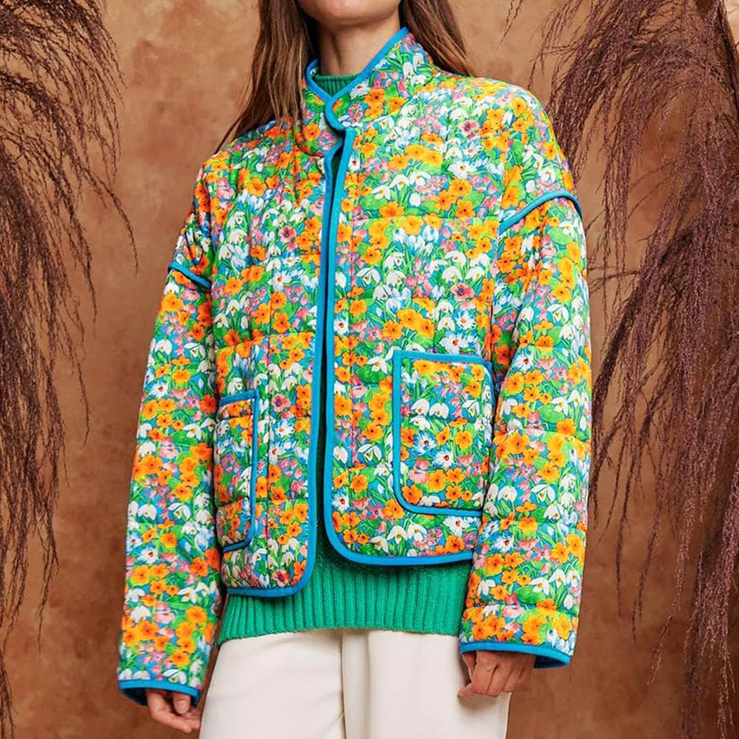 Warm Quilted Jackets For Women Long Sleeve Floral Print Open Front Down Puffer Jacket Retro Long Sleeve Cardigan Coat