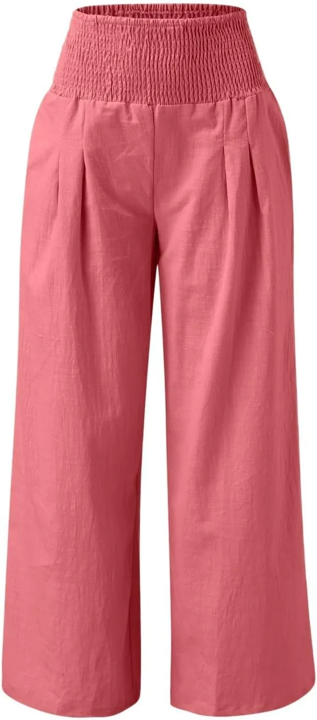 Wide Leg Linen Pants for Women Beach Casual Elastic High Waist Loose Comfy Trousers Trendy Palazzo Pants with Pockets