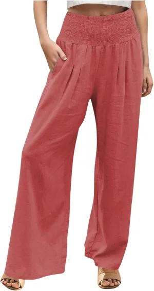 Wide Leg Linen Pants for Women Beach Casual Elastic High Waist Loose Comfy Trousers Trendy Palazzo Pants with Pockets