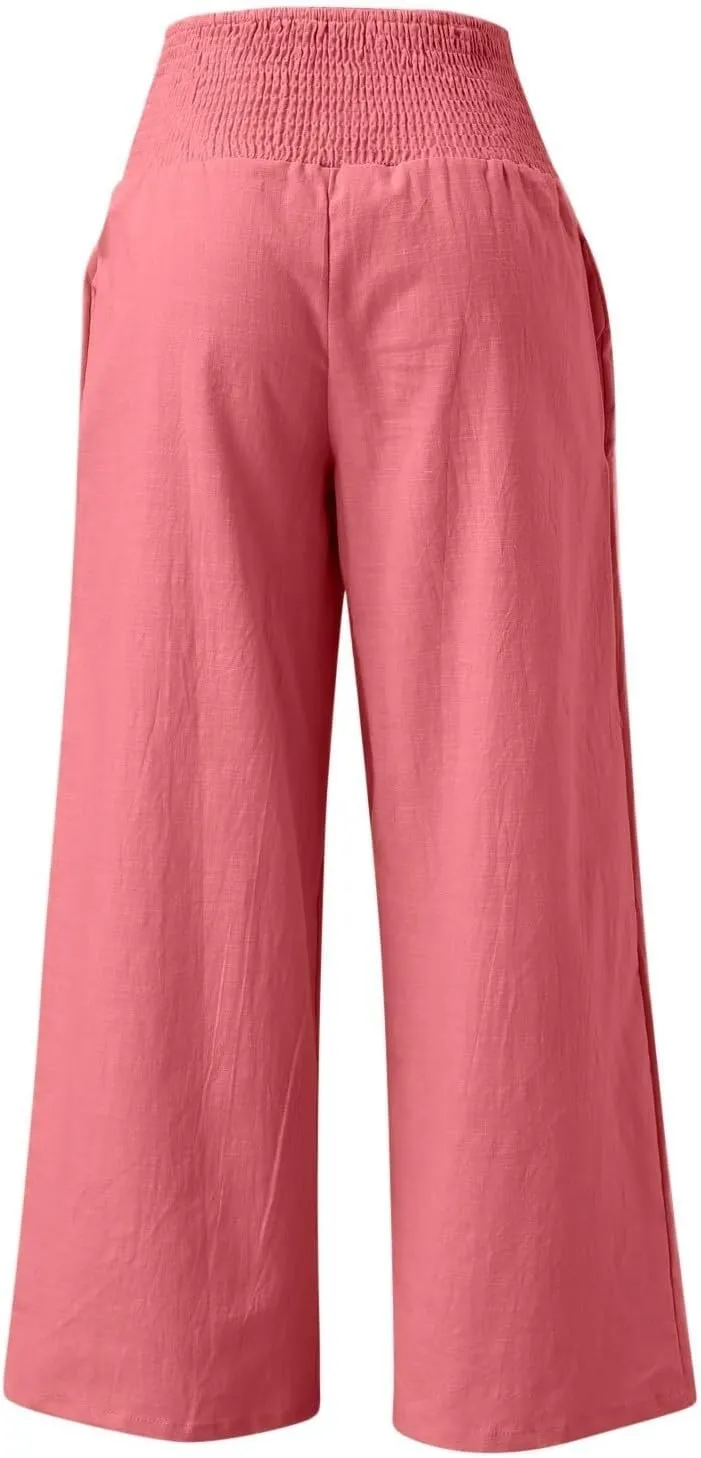 Wide Leg Linen Pants for Women Beach Casual Elastic High Waist Loose Comfy Trousers Trendy Palazzo Pants with Pockets