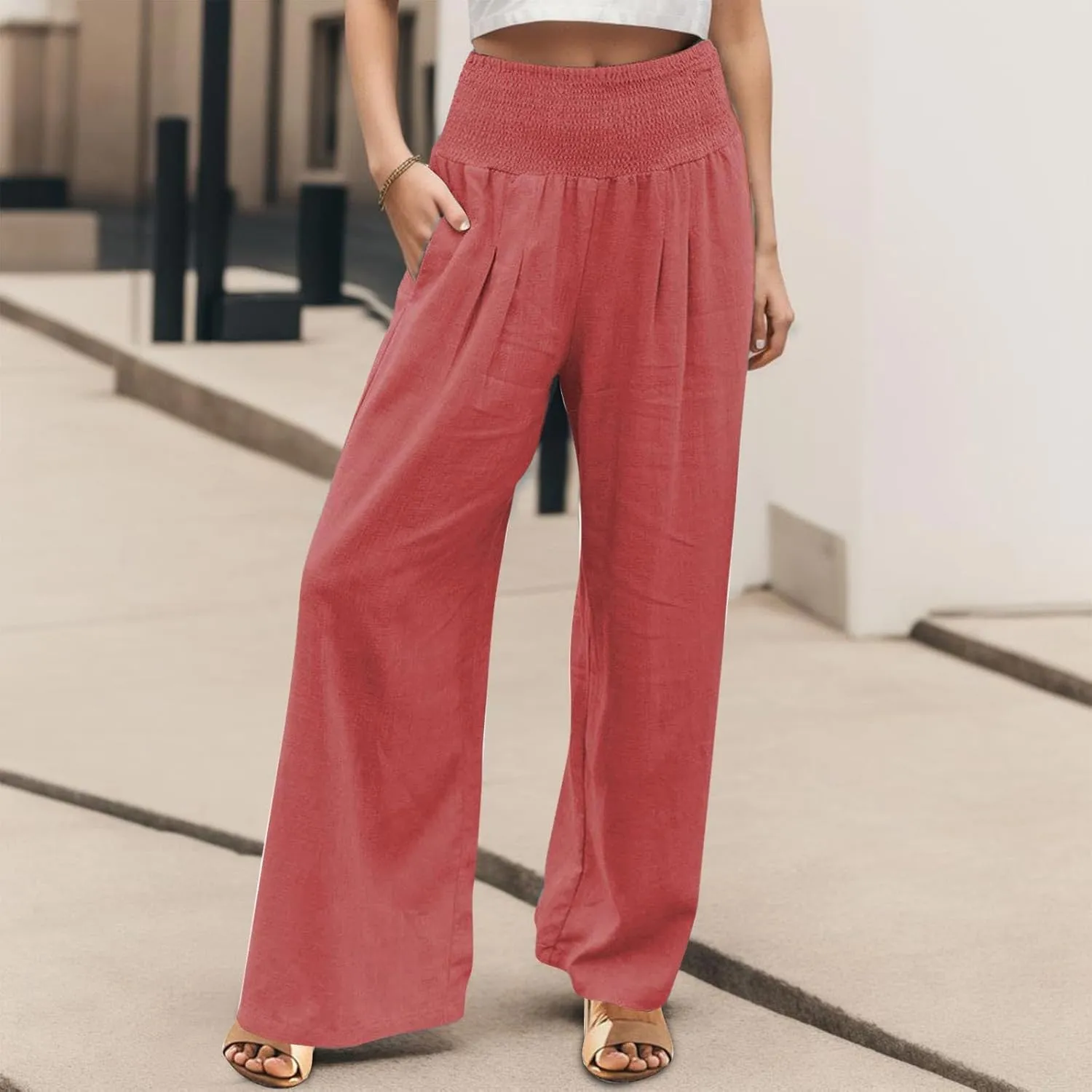 Wide Leg Linen Pants for Women Beach Casual Elastic High Waist Loose Comfy Trousers Trendy Palazzo Pants with Pockets