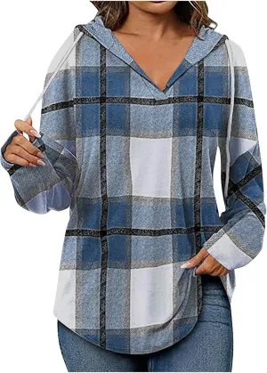 Women 2024 Hoodies Long Sleeve Drawstring Plaid Hooded Pullover Sweaters Causl Loose Tunic Tops Fashion on Clothes Blue S