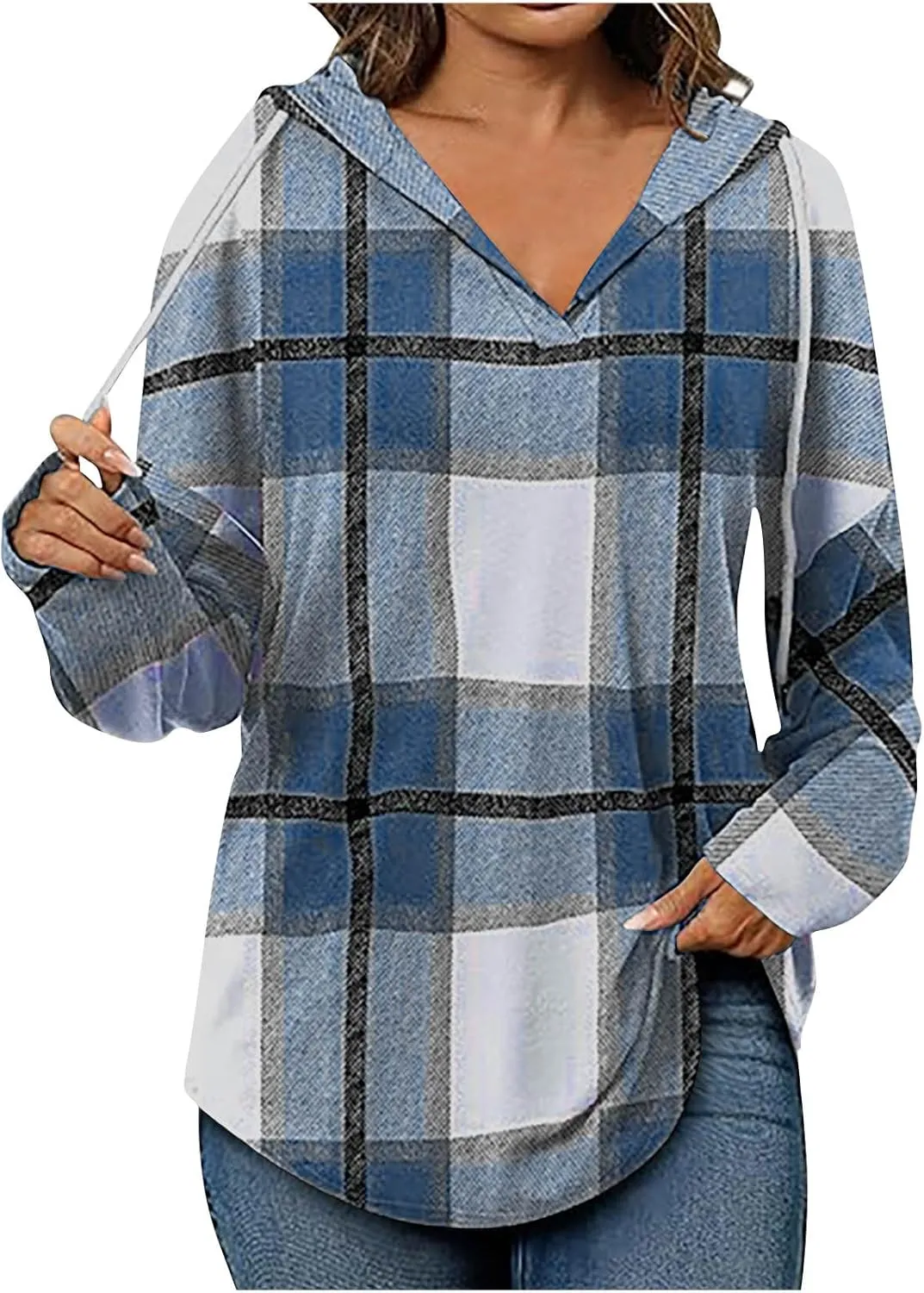 Women 2024 Hoodies Long Sleeve Drawstring Plaid Hooded Pullover Sweaters Causl Loose Tunic Tops Fashion on Clothes Blue S