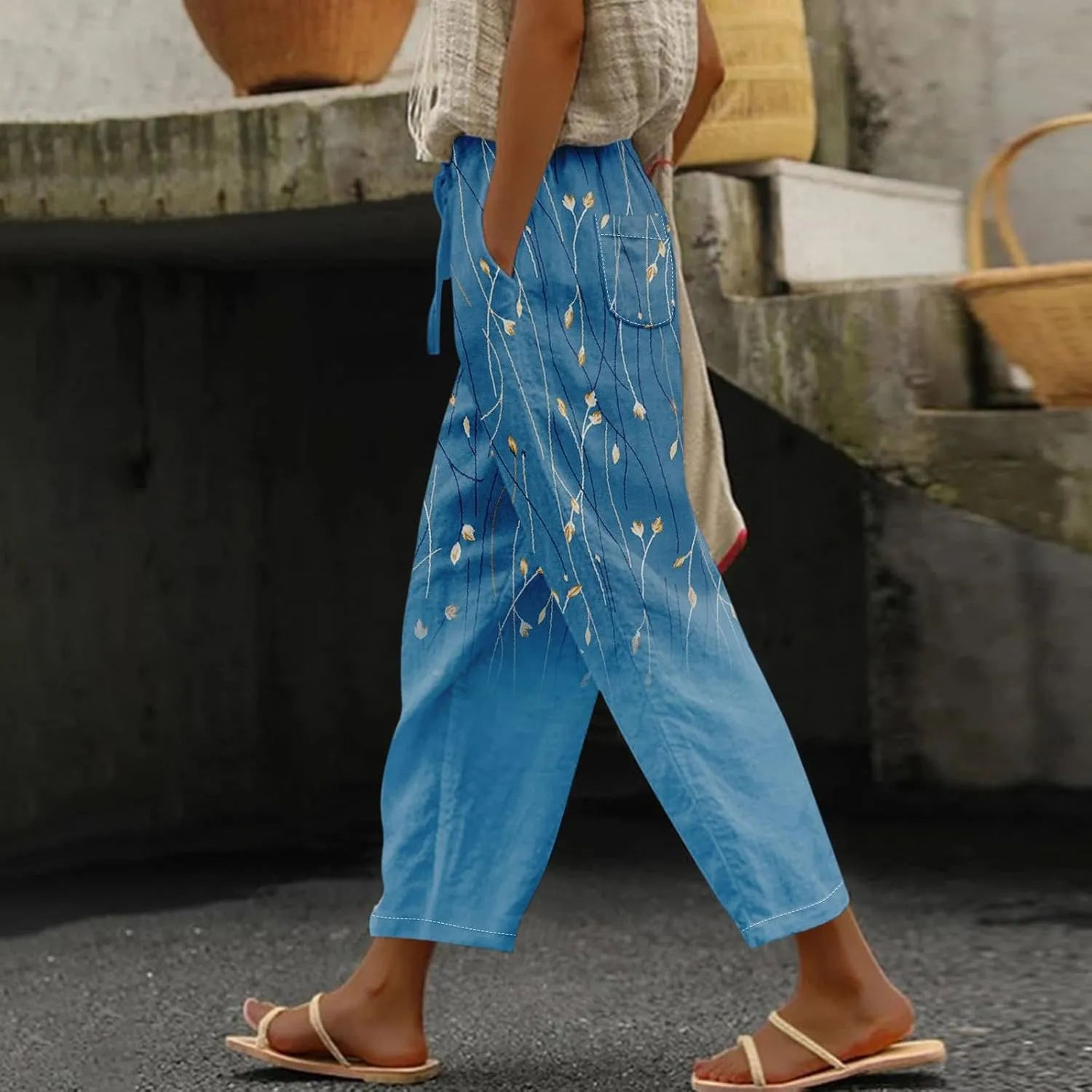 Women Beach Fashion Linen Pants Women Women's Cotton Linen Palazzo Wide Leg Pants, Soft Elastic Waistband