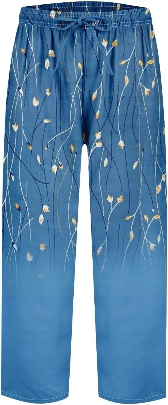 Women Beach Fashion Linen Pants Women Women's Cotton Linen Palazzo Wide Leg Pants, Soft Elastic Waistband