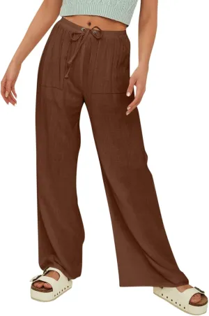 Women Beach Fashion Linen Pants Women Women's Linen Blend High Waisted Straight Pants, Soft Elastic Waistband