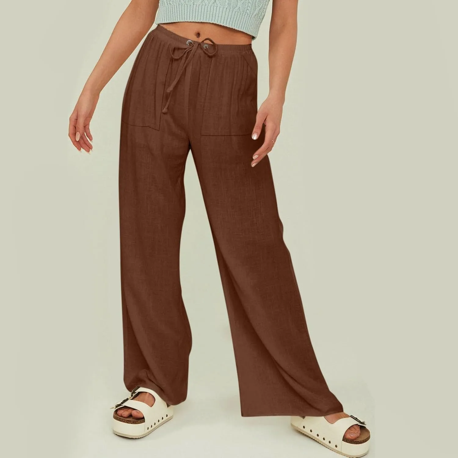 Women Beach Fashion Linen Pants Women Women's Linen Blend High Waisted Straight Pants, Soft Elastic Waistband