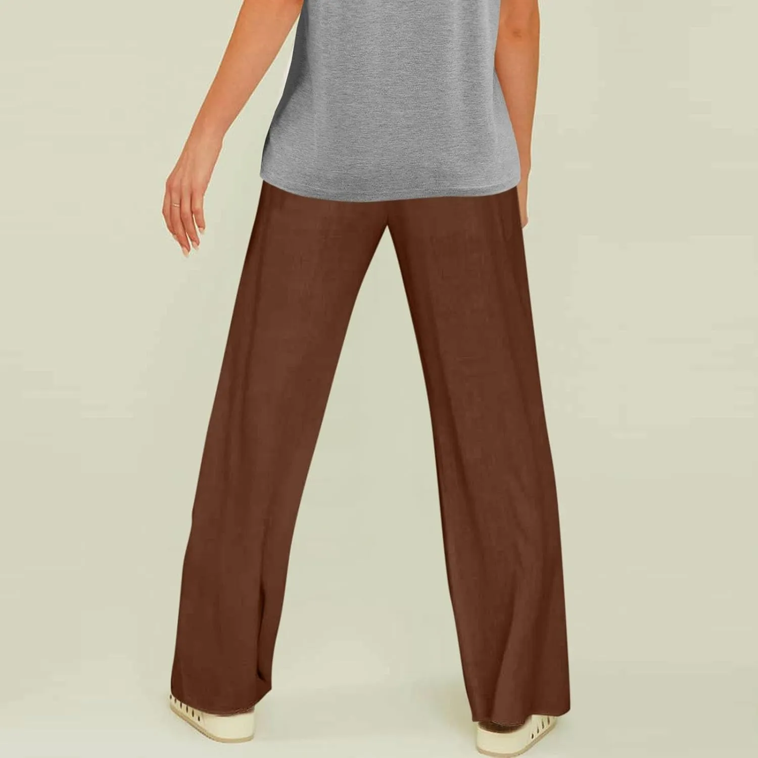 Women Beach Fashion Linen Pants Women Women's Linen Blend High Waisted Straight Pants, Soft Elastic Waistband