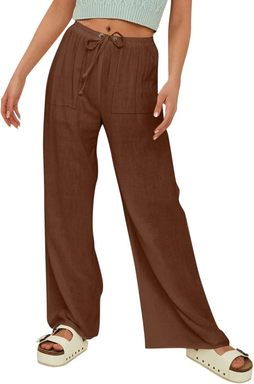 Women Beach Fashion Linen Pants Women Women's Linen Blend High Waisted Straight Pants, Soft Elastic Waistband