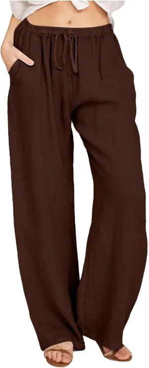 Women Cotton Linen Palazzo Pants Summer Flowy Wide Leg Beach Slacks Drawstring Causal Pants Soft Lightweight Trousers