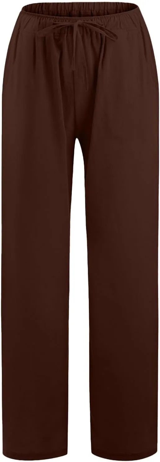 Women Cotton Linen Palazzo Pants Summer Flowy Wide Leg Beach Slacks Drawstring Causal Pants Soft Lightweight Trousers