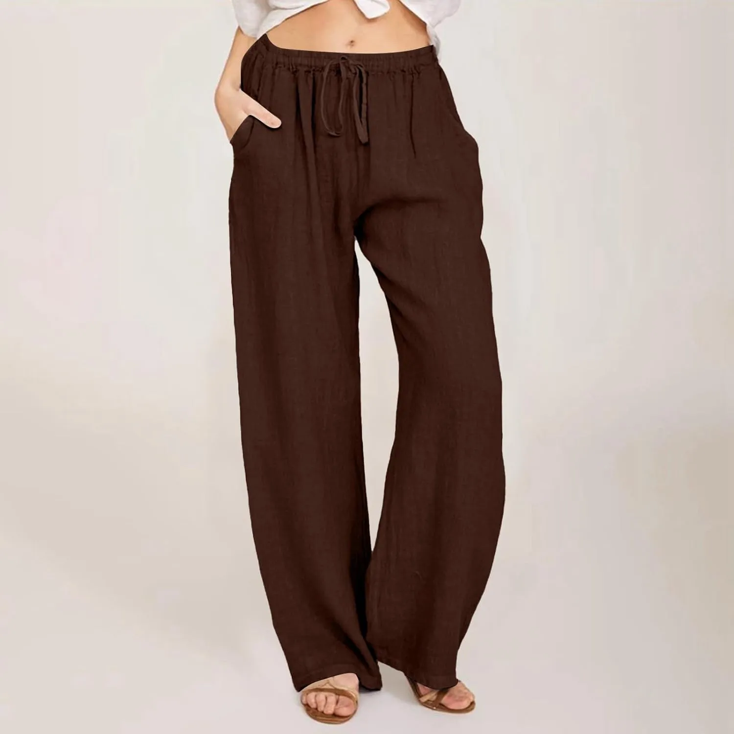 Women Cotton Linen Palazzo Pants Summer Flowy Wide Leg Beach Slacks Drawstring Causal Pants Soft Lightweight Trousers