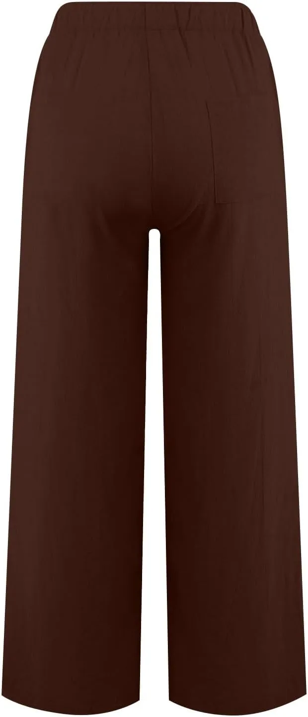 Women Cotton Linen Palazzo Pants Summer Flowy Wide Leg Beach Slacks Drawstring Causal Pants Soft Lightweight Trousers