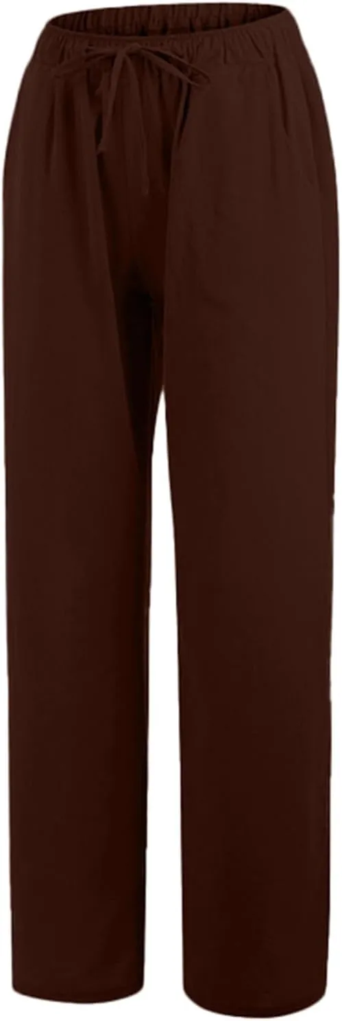 Women Cotton Linen Palazzo Pants Summer Flowy Wide Leg Beach Slacks Drawstring Causal Pants Soft Lightweight Trousers