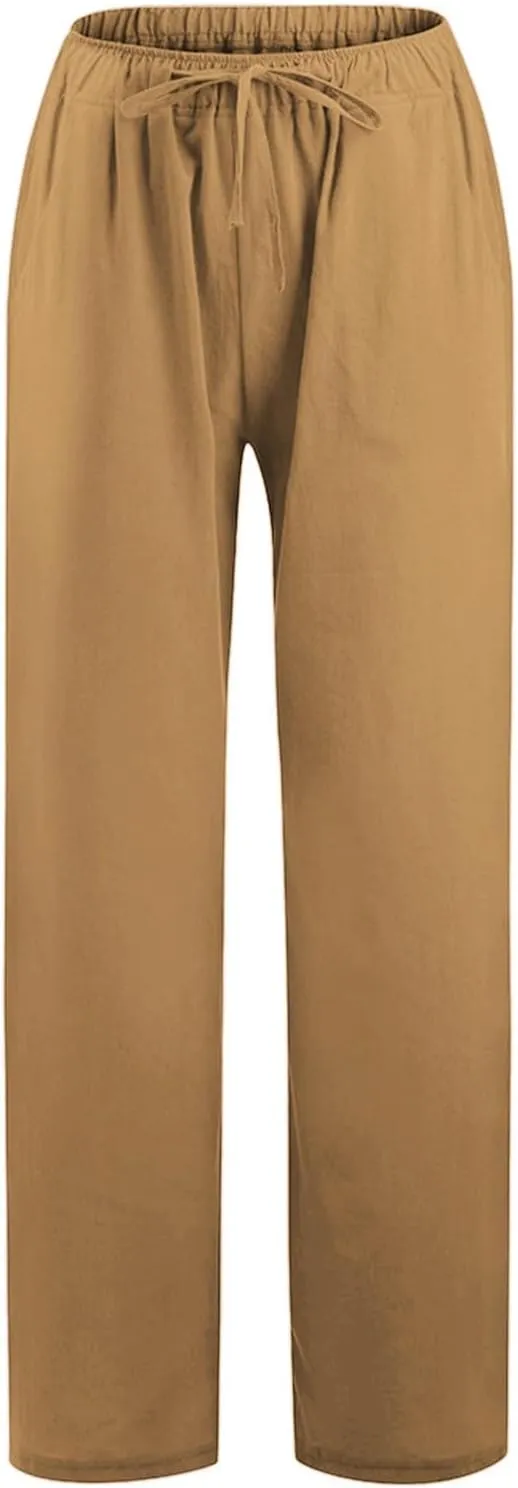 Women Summer Casual Drawstring Waist Cotton Linen Pants Wide Leg Flowy Beach Palazzo Slacks Soft Lightweight Trousers