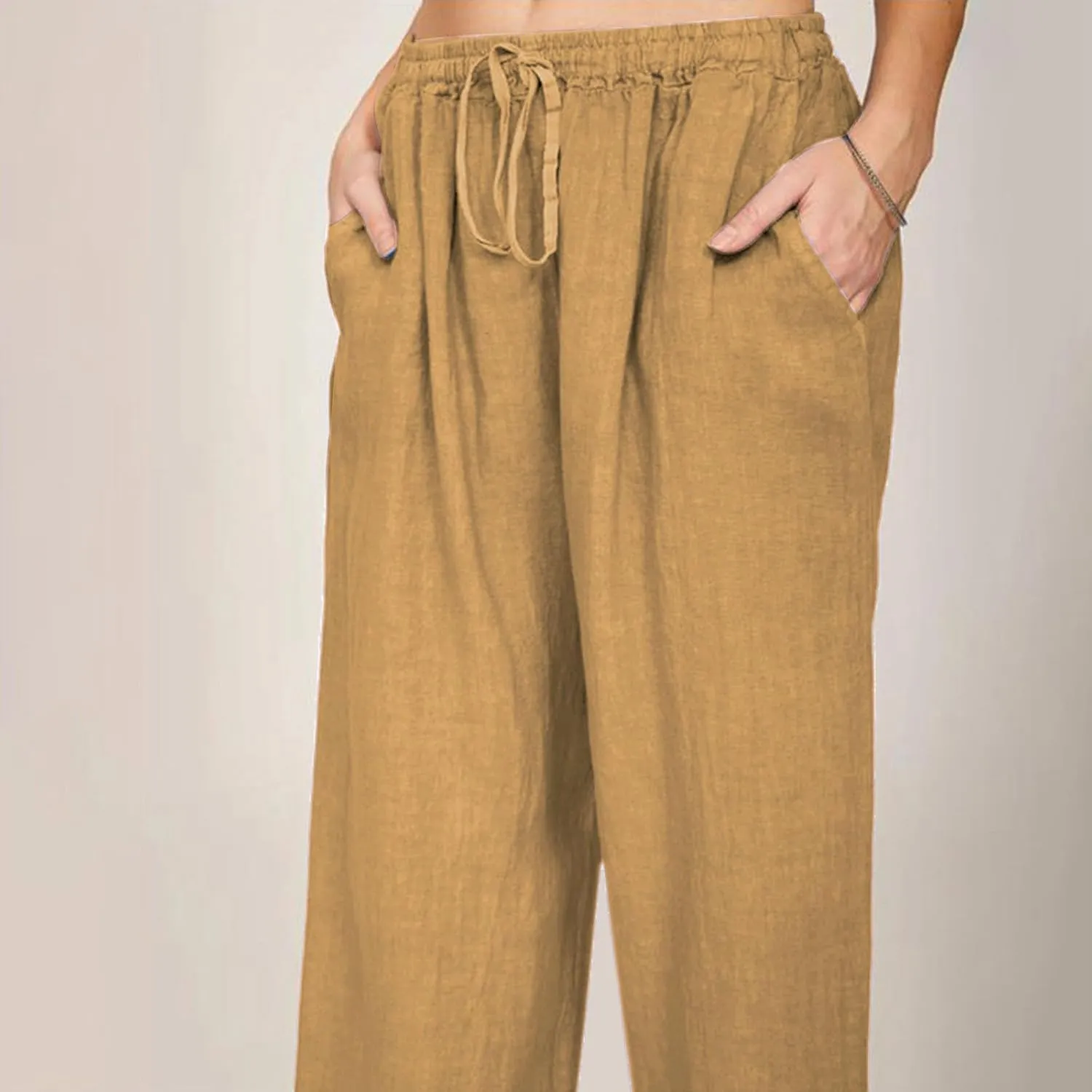 Women Summer Casual Drawstring Waist Cotton Linen Pants Wide Leg Flowy Beach Palazzo Slacks Soft Lightweight Trousers