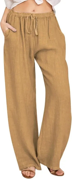 Women Summer Casual Drawstring Waist Cotton Linen Pants Wide Leg Flowy Beach Palazzo Slacks Soft Lightweight Trousers