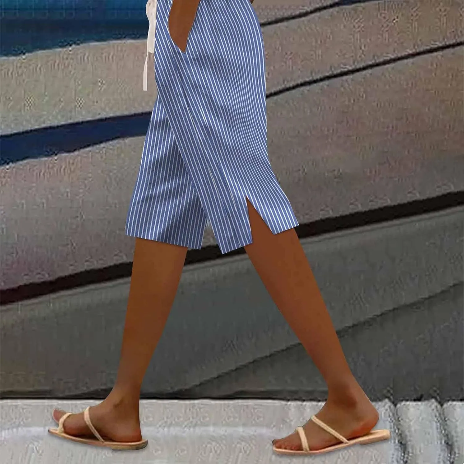 Women Summer Lightweight Linen Shorts Trendy Stripe Casual Beach Palazzo Trouser Quick-Dry Vacation Active Sport Pant