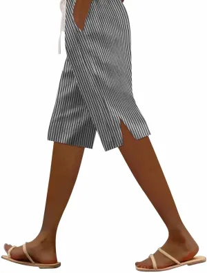 Women Summer Lightweight Linen Shorts Trendy Stripe Casual Beach Palazzo Trouser Quick-Dry Vacation Active Sport Pant