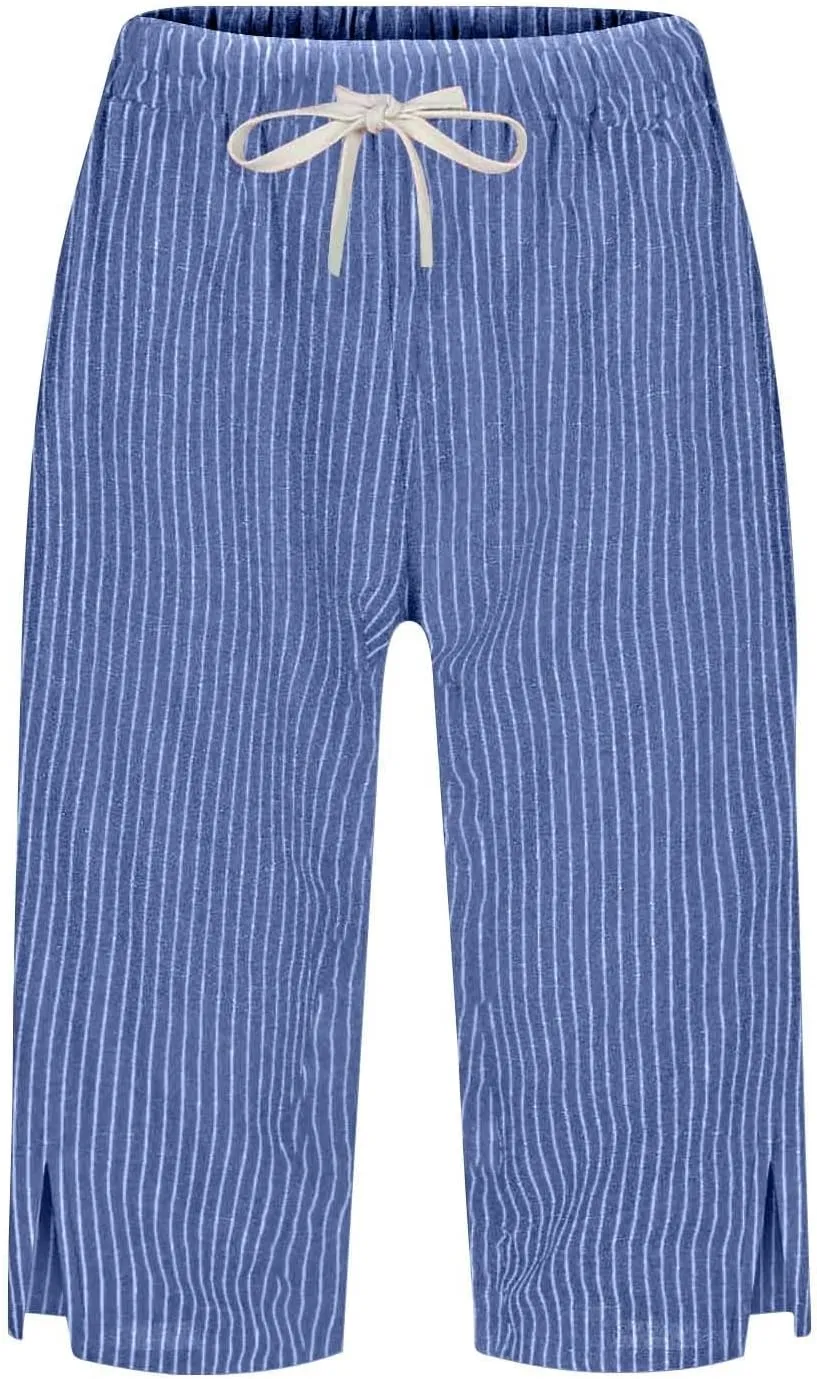 Women Summer Lightweight Linen Shorts Trendy Stripe Casual Beach Palazzo Trouser Quick-Dry Vacation Active Sport Pant