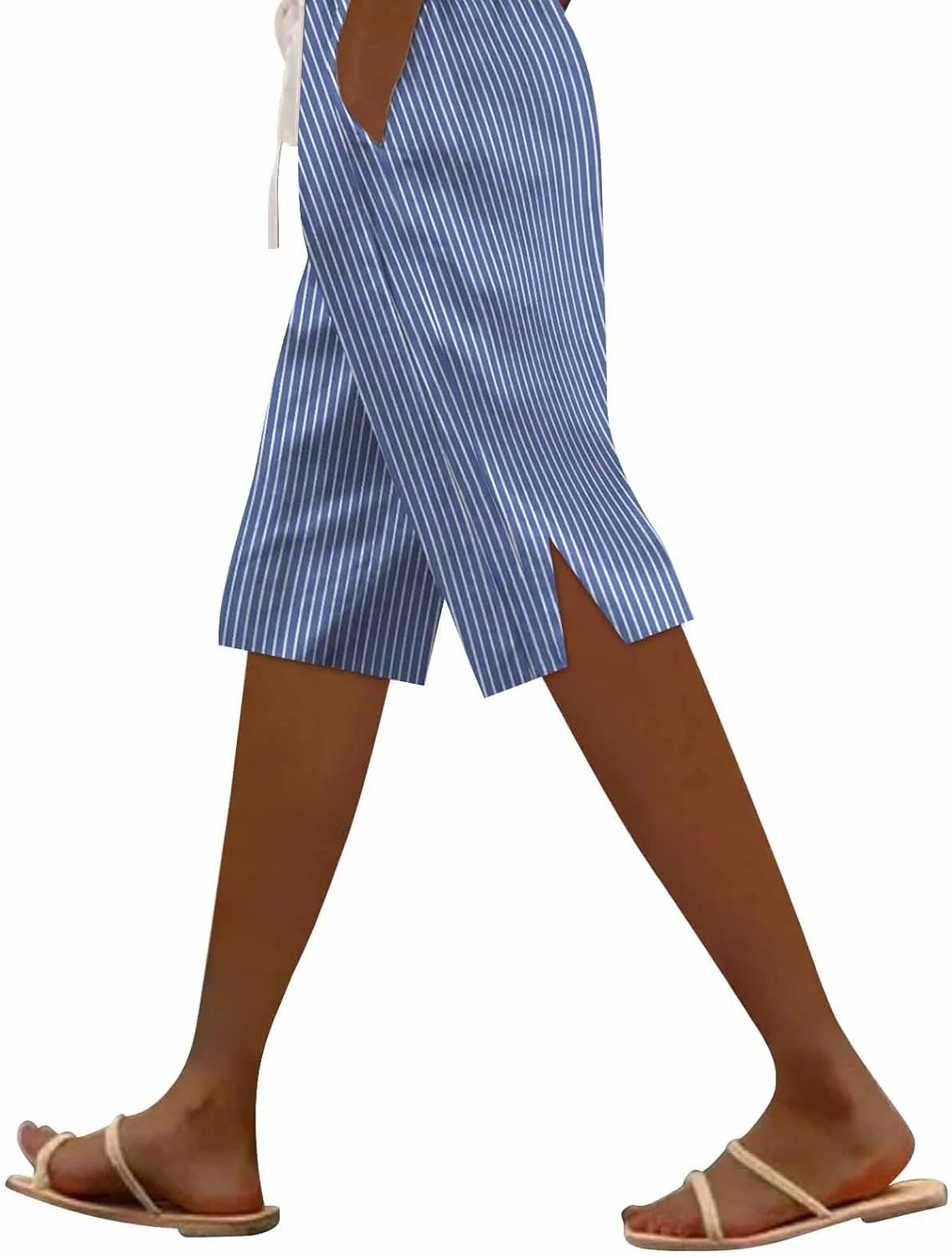Women Summer Lightweight Linen Shorts Trendy Stripe Casual Beach Palazzo Trouser Quick-Dry Vacation Active Sport Pant