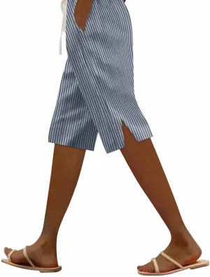 Women Summer Lightweight Linen Shorts Trendy Stripe Casual Beach Palazzo Trouser Quick-Dry Vacation Active Sport Pant