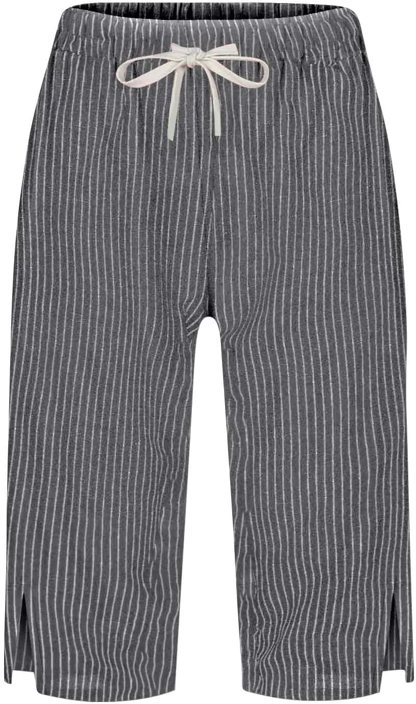 Women Summer Lightweight Linen Shorts Trendy Stripe Casual Beach Palazzo Trouser Quick-Dry Vacation Active Sport Pant