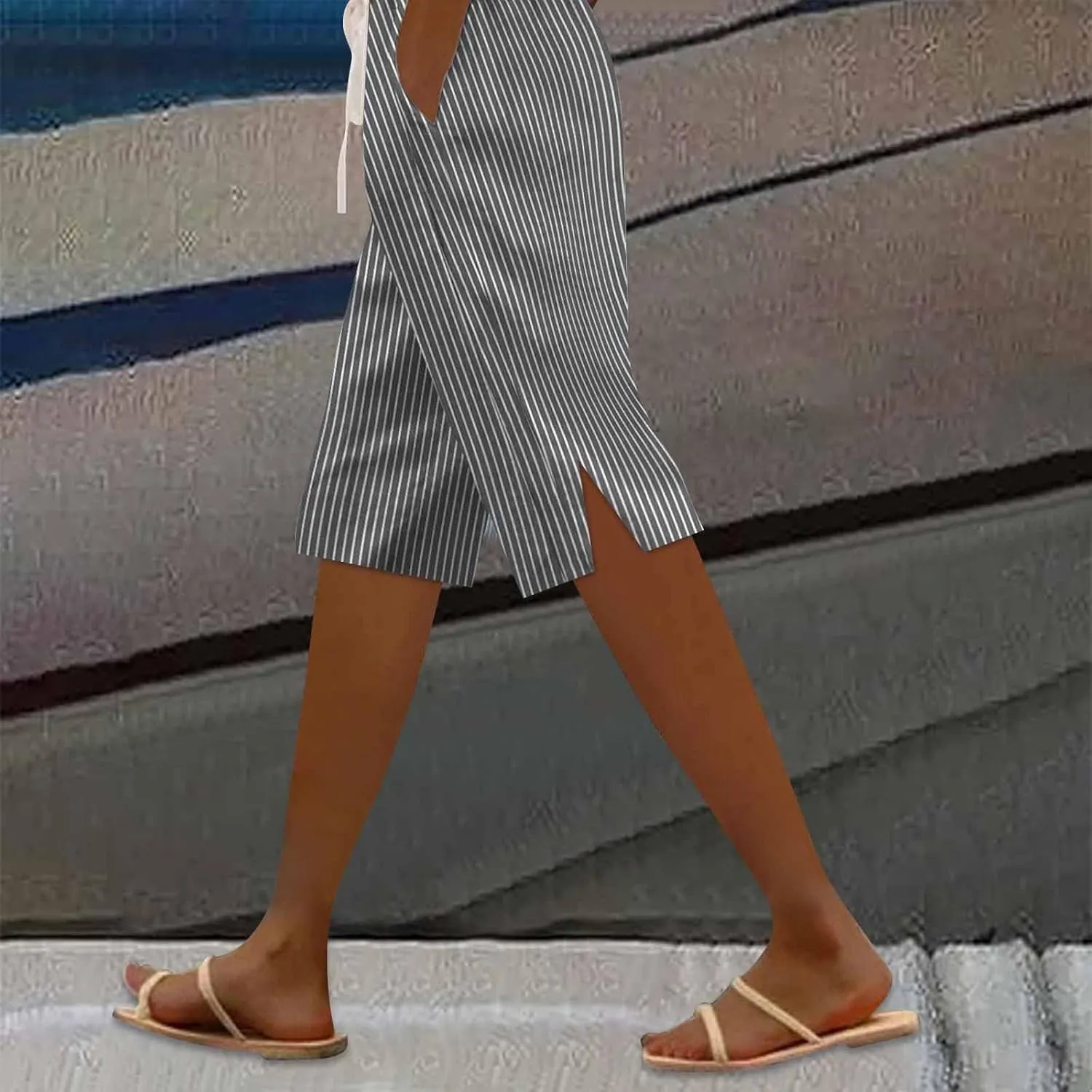 Women Summer Lightweight Linen Shorts Trendy Stripe Casual Beach Palazzo Trouser Quick-Dry Vacation Active Sport Pant