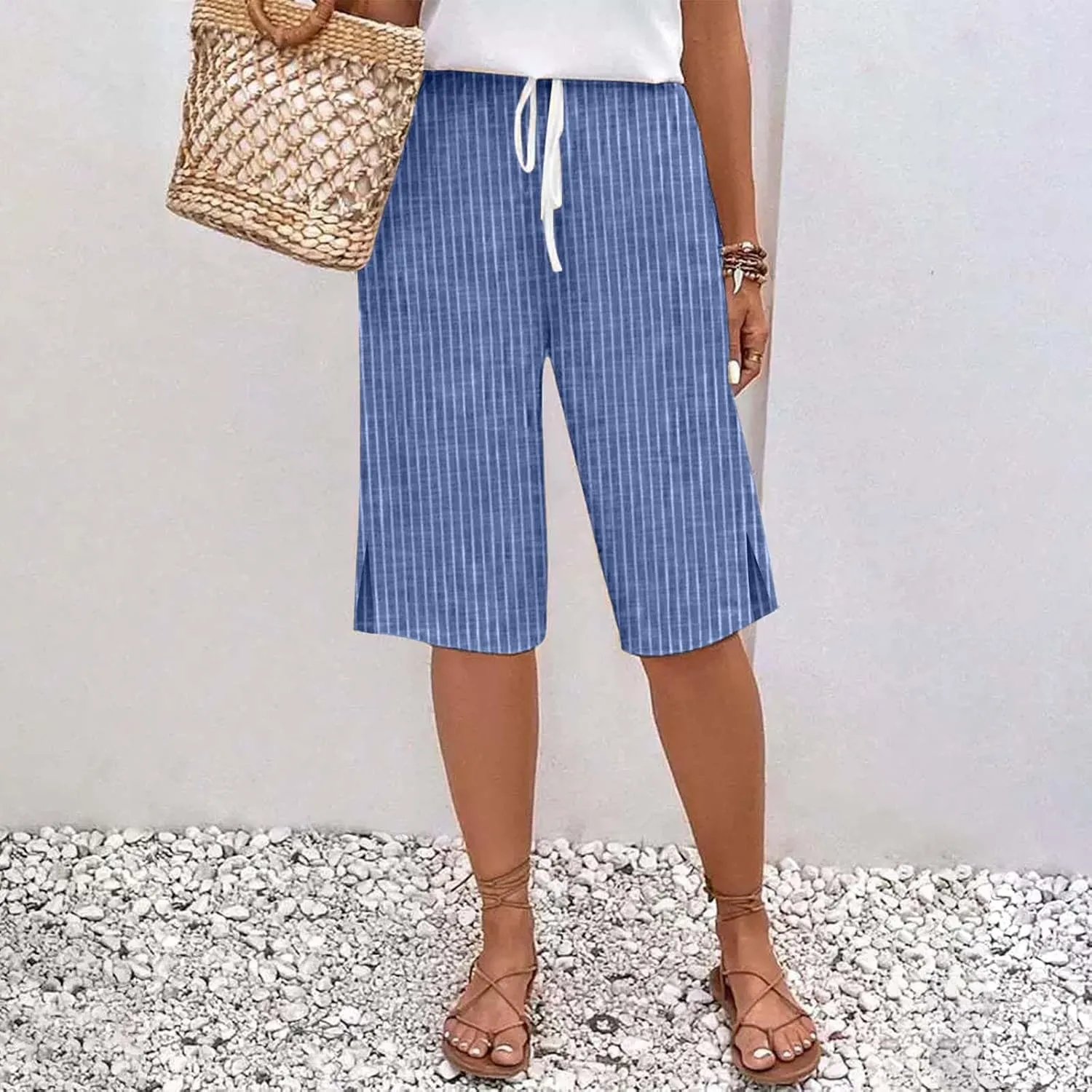 Women Summer Lightweight Linen Shorts Trendy Stripe Casual Beach Palazzo Trouser Quick-Dry Vacation Active Sport Pant