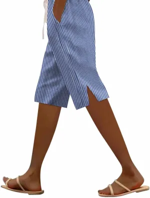 Women Summer Lightweight Linen Shorts Trendy Stripe Casual Beach Palazzo Trouser Quick-Dry Vacation Active Sport Pant