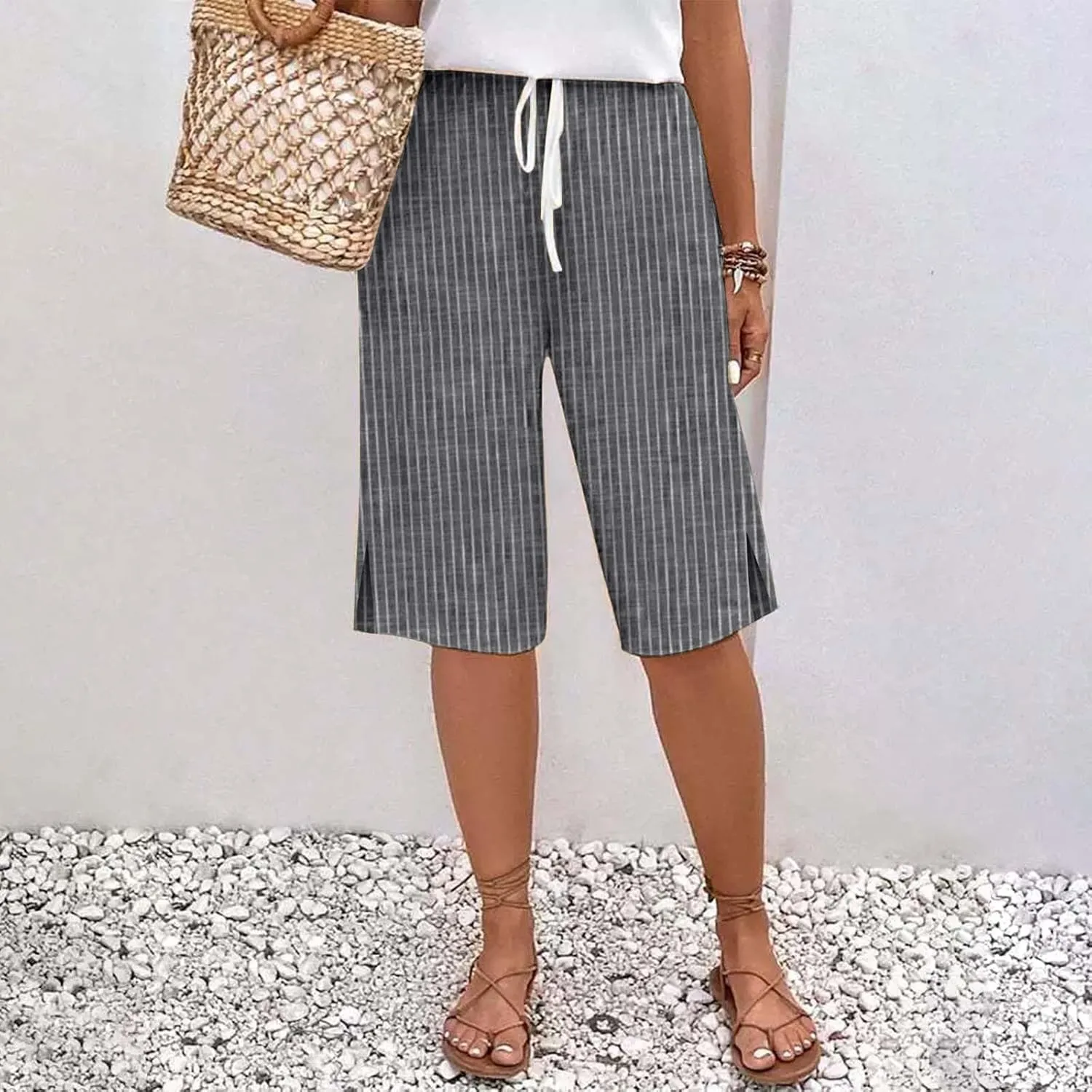 Women Summer Lightweight Linen Shorts Trendy Stripe Casual Beach Palazzo Trouser Quick-Dry Vacation Active Sport Pant