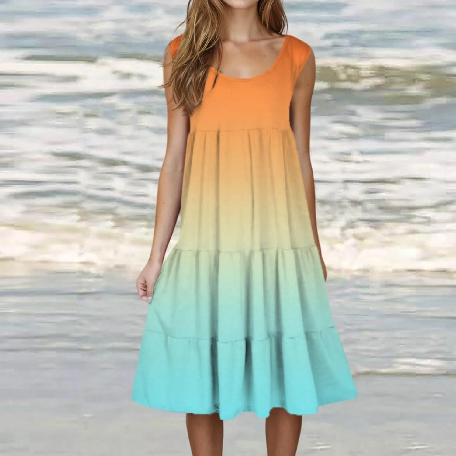 Womens 2025 Summer Casual Boho Dresses Sleeveless Color Block Ruffle Tiered Sundresses Cute Crew Neck Mini Dress