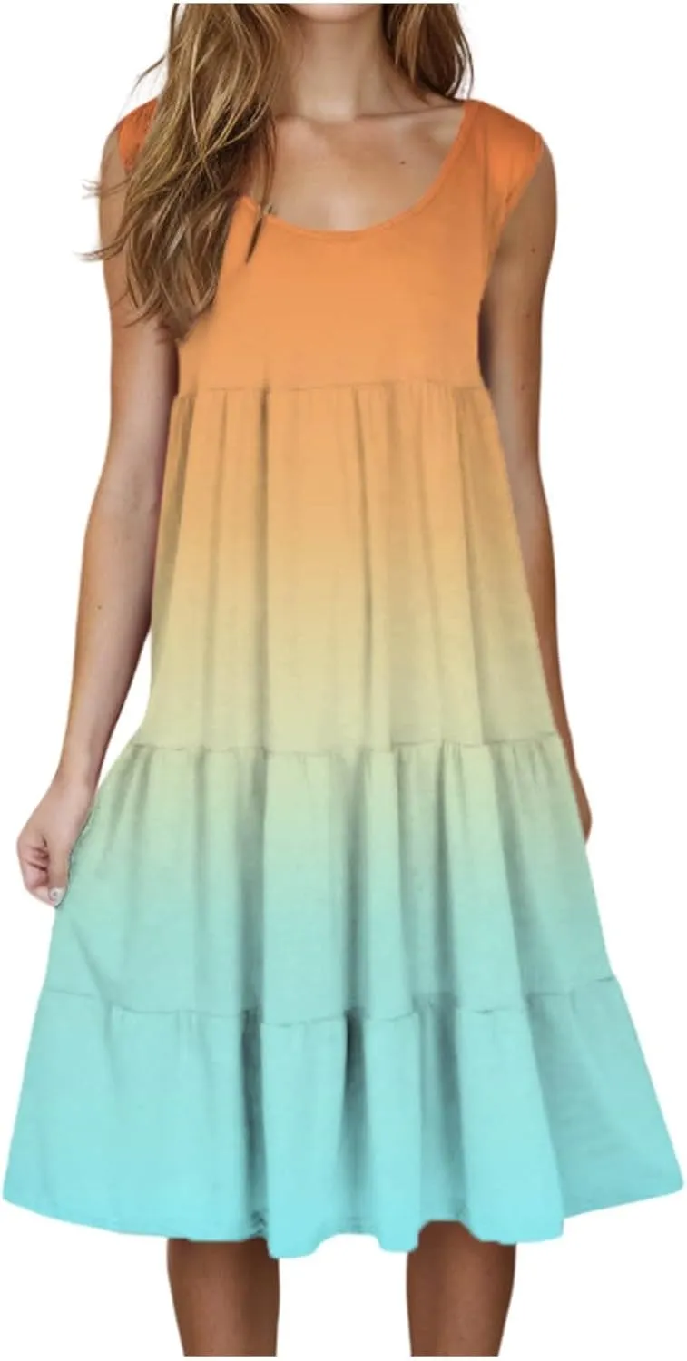 Womens 2025 Summer Casual Boho Dresses Sleeveless Color Block Ruffle Tiered Sundresses Cute Crew Neck Mini Dress