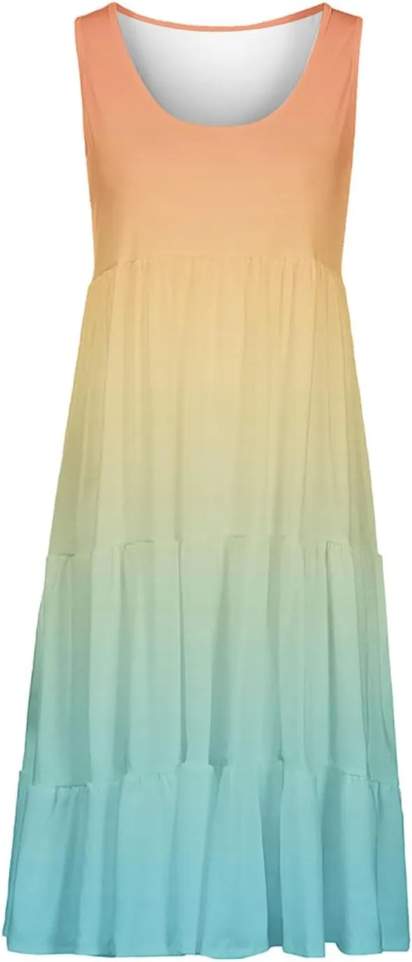 Womens 2025 Summer Casual Boho Dresses Sleeveless Color Block Ruffle Tiered Sundresses Cute Crew Neck Mini Dress