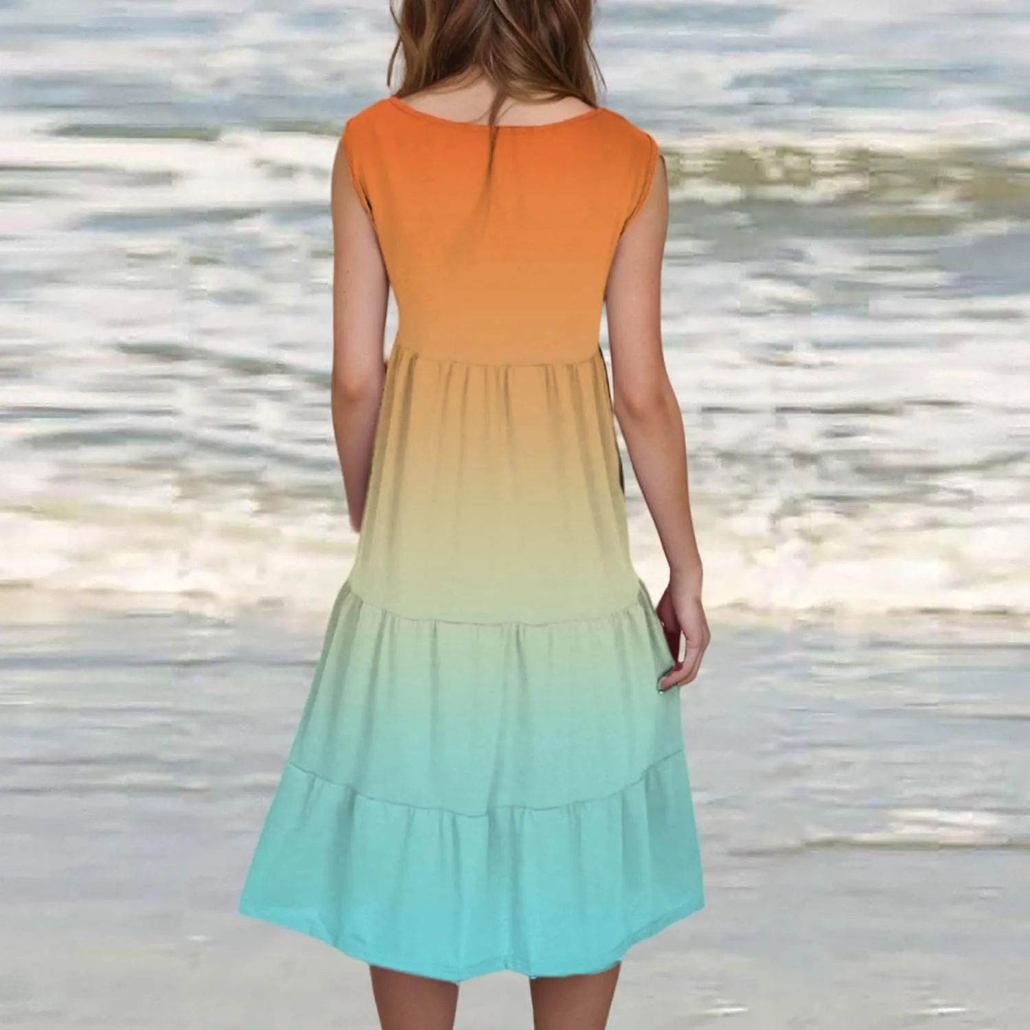 Womens 2025 Summer Casual Boho Dresses Sleeveless Color Block Ruffle Tiered Sundresses Cute Crew Neck Mini Dress