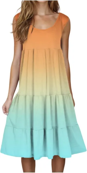 Womens 2025 Summer Casual Boho Dresses Sleeveless Color Block Ruffle Tiered Sundresses Cute Crew Neck Mini Dress