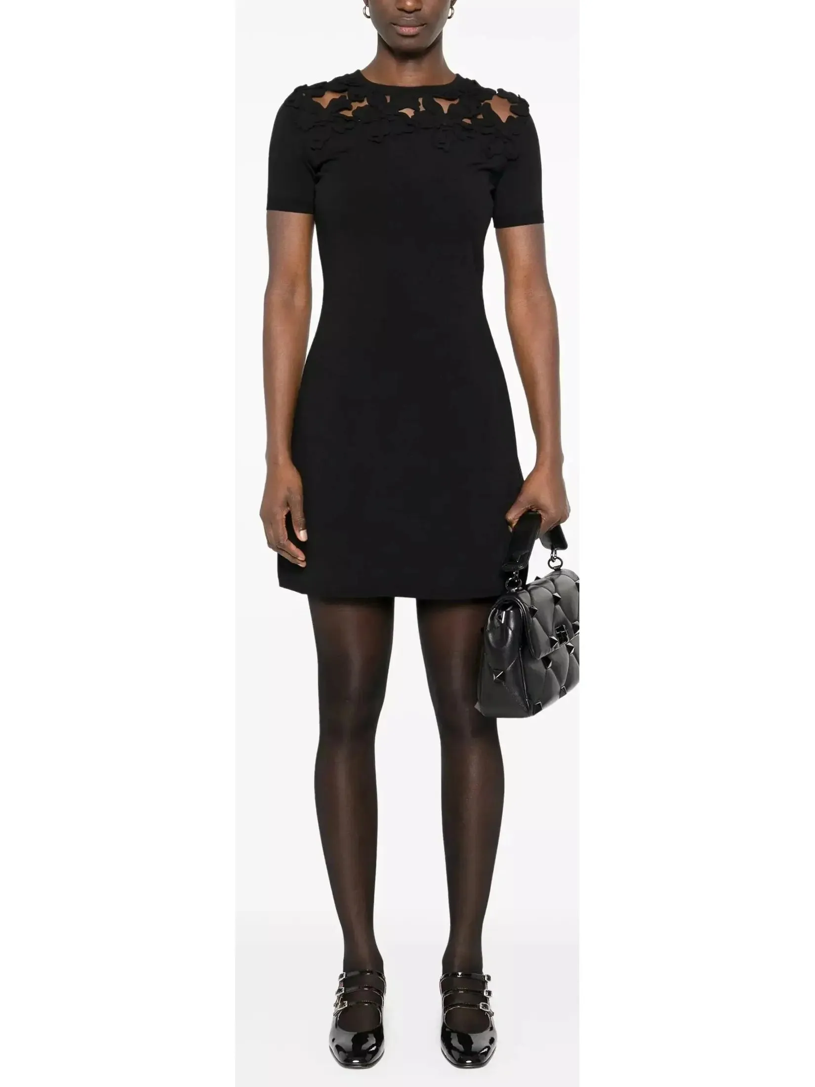 Women’s Black Floral-Appliqué Cotton Mini Dress