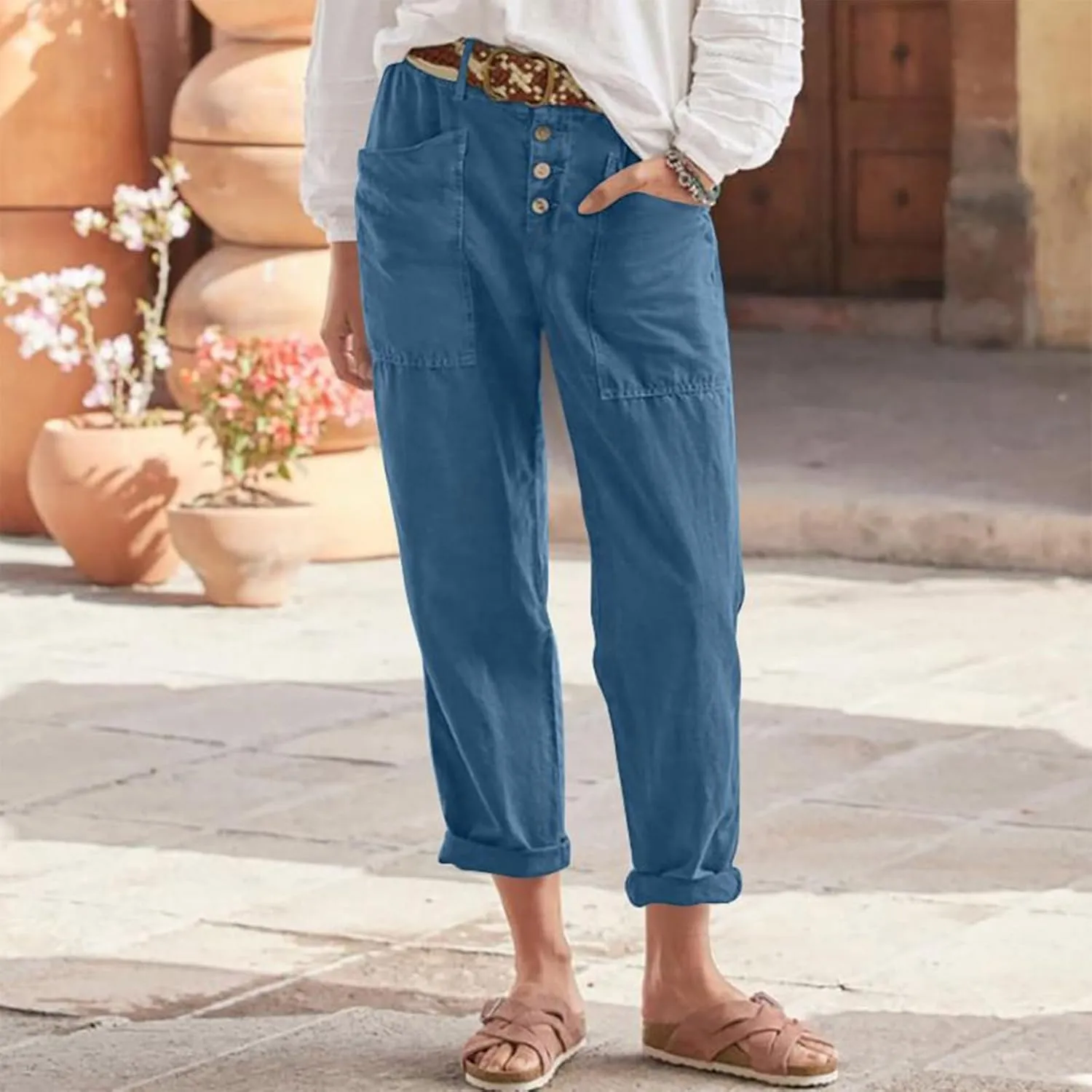 Women's Capri Summer Casual Cropped Lounge Pants Loose Soft Workout Drawstring Baggy Trousers Pants with Pockets